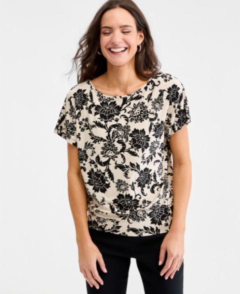 Женский топ JM Collection Printed Boatneck Banded-Bottom Knit Top, цвет: Чёрный с принтом