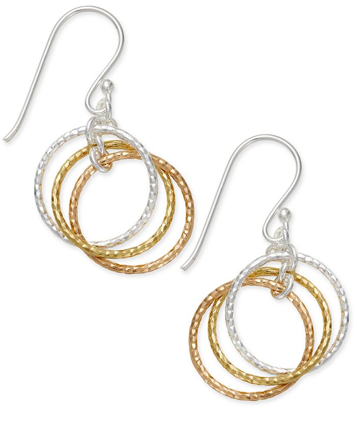 Giani Bernini - Tri-Tone Interlocking Circle Drop Earrings in Sterling Silver, Gold-Plated Sterling Silver and Rose Gold-Plated Sterling Silver