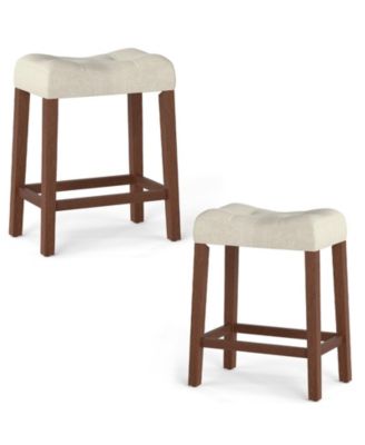 24'' Saddle Bar Stools Set of 2 with Footrest Rubber Wood Frame for Kitchen Island