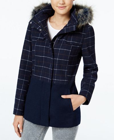 Celebrity Pink Faux-Fur-Trim Plaid Walker Coat