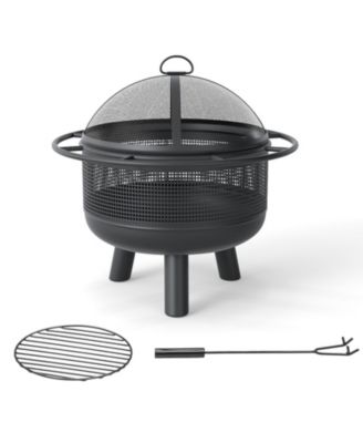 Wood Fire Pit for Outdoor Use with Log Grate and Protective Mesh Screen