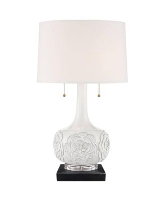 Natalia Country Cottage Table Lamp with Square Marble Riser 27" Tall Floral Ceramic Drum Shade for Bedroom Living Room