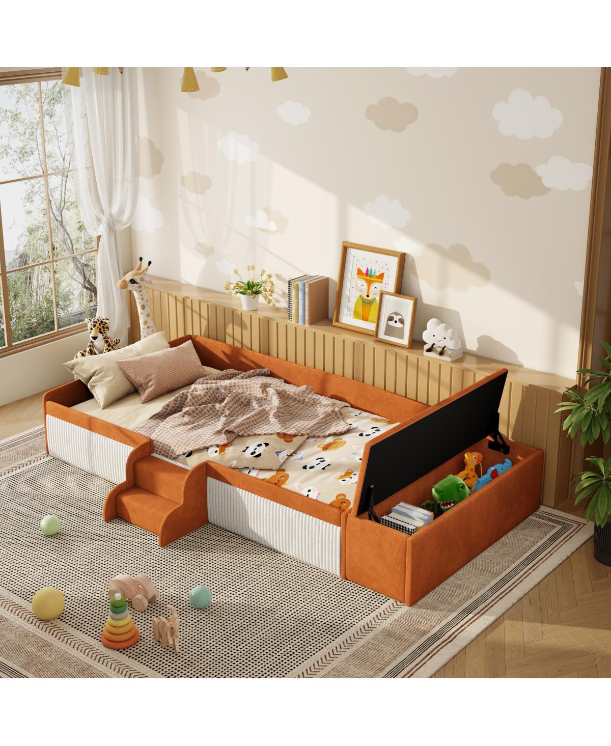 Streamdale Furniture Velvet Daybed With Stairs and Storage Ottoman