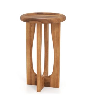 Farmhouse Style Side Table with Round Tray Top and Wooden Cross Legs Design