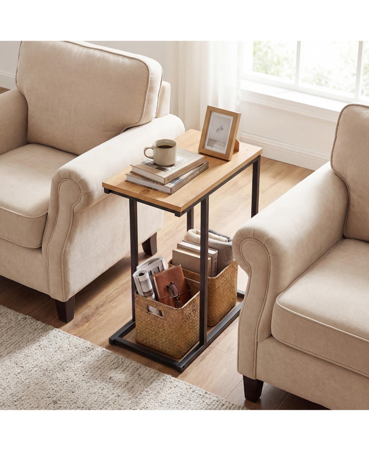 Slickblue Modern C-Shaped Side Table with Metal Frame, Compact End for Small Spaces