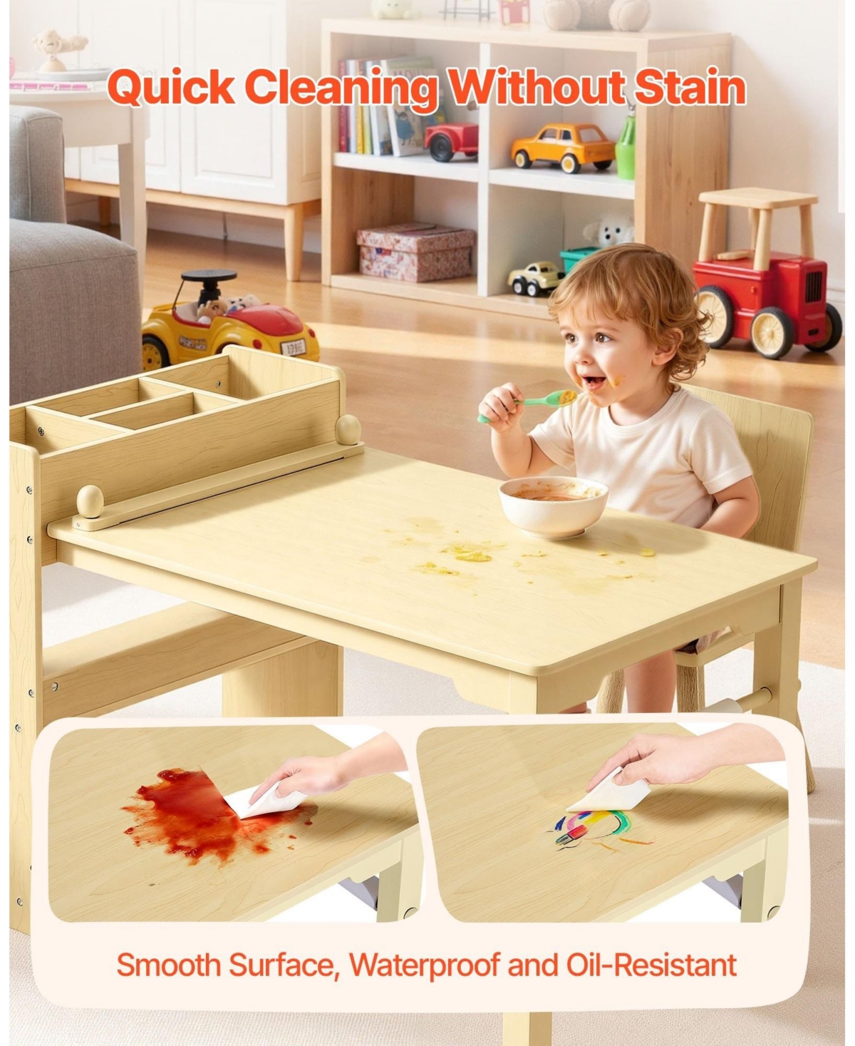 Sugift Kids Art Table and Chair Set, Wooden Craft Table with 3-Tier Storage, Light Wood