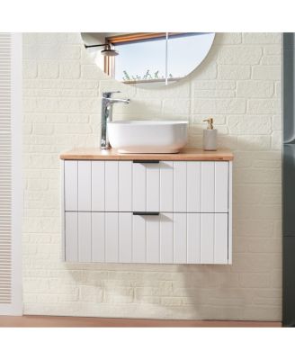 Wall Mounted Bathroom Vanity with Solid Wood Top, Square Ceramic Sink, Double Drawers, Modern Storage for Small Spaces