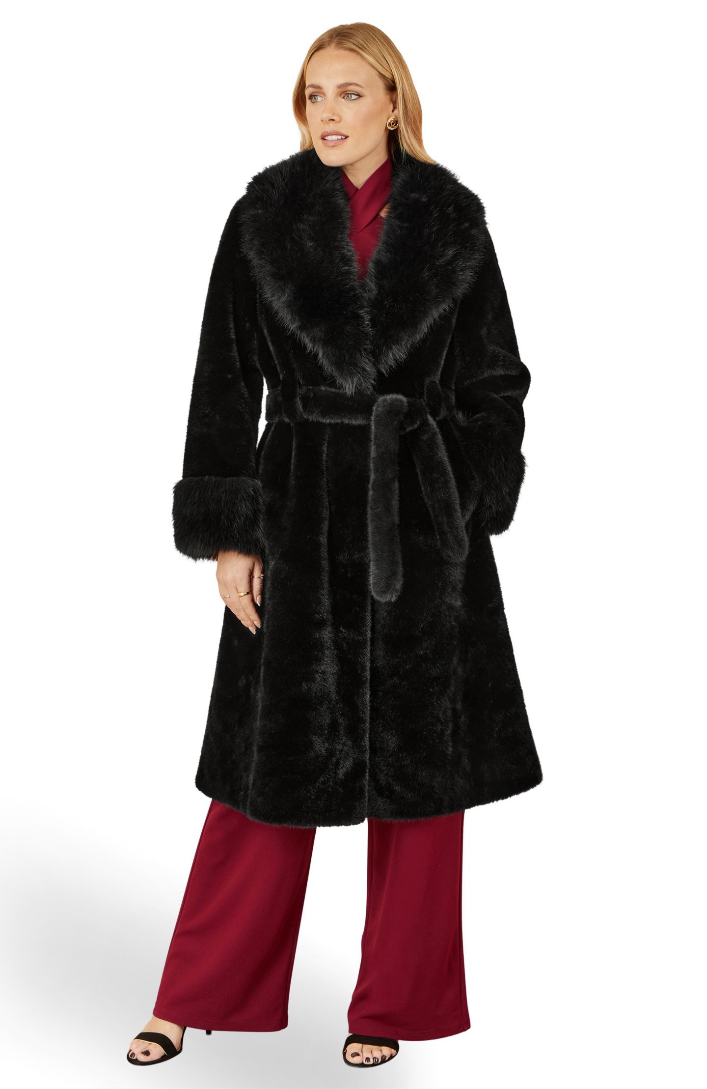 Женское пальто Yumi Oversize Collar Wrap Faux Fur, цвет: Чёрный — фото 2