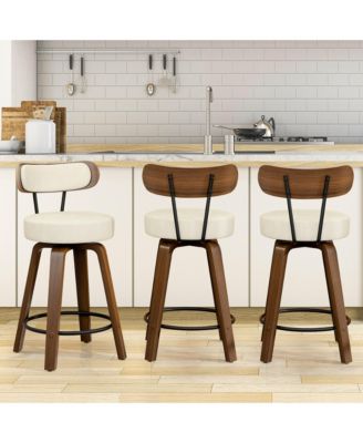 26 inches Swivel Bar Stools Set of 3, Counter Height Bar Stools with Faux Leather Upholstered Pad Wood Back for Kitchen Island, Cafe