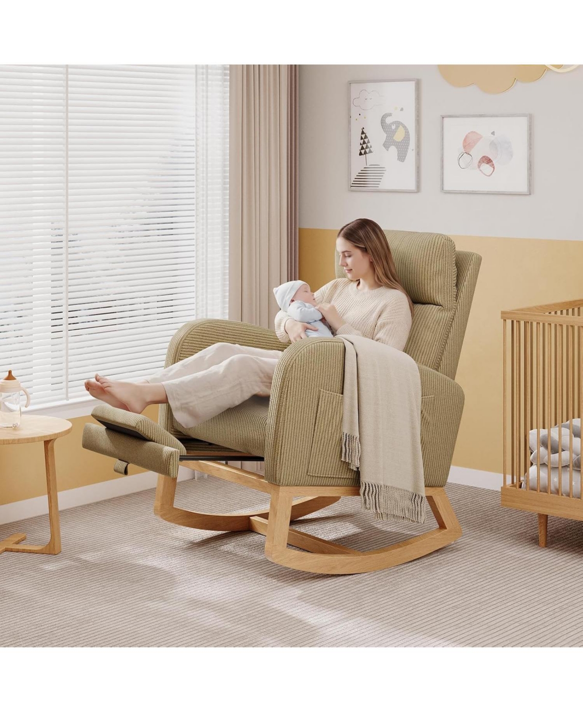 gaomon Corduroy Rocking Chair with Footrest,Modern Nursery Glider Chair with Side Pockets and Pillow,Rocker Chair for Living Room Bedroom