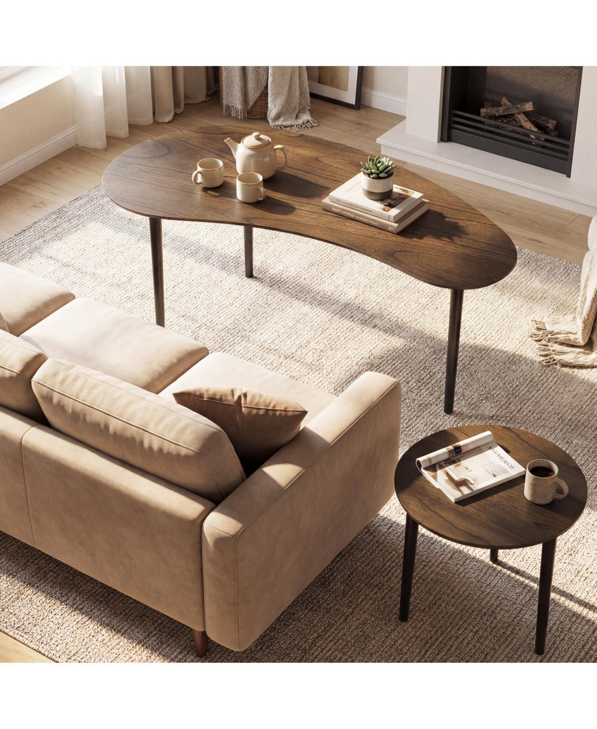 Slickblue Modern Nesting Tables Set of 2 with Rubber Wood Legs, Mid Century Design-Walnut