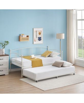 Metal Daybed with Trundle, Pull-Out Guest Bed Frame with 6 Casters and Steel Slat Support for Bedroom or Living Room