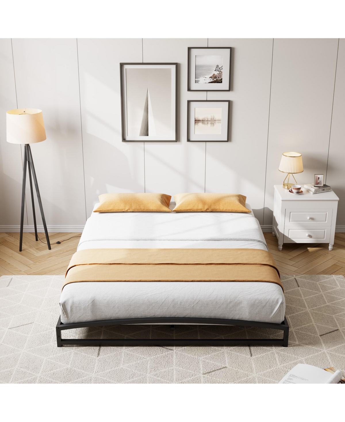 homfan Metal Platform Bed Frame with Arch Headboard and Footboard, Low Profile Steel Slat Support