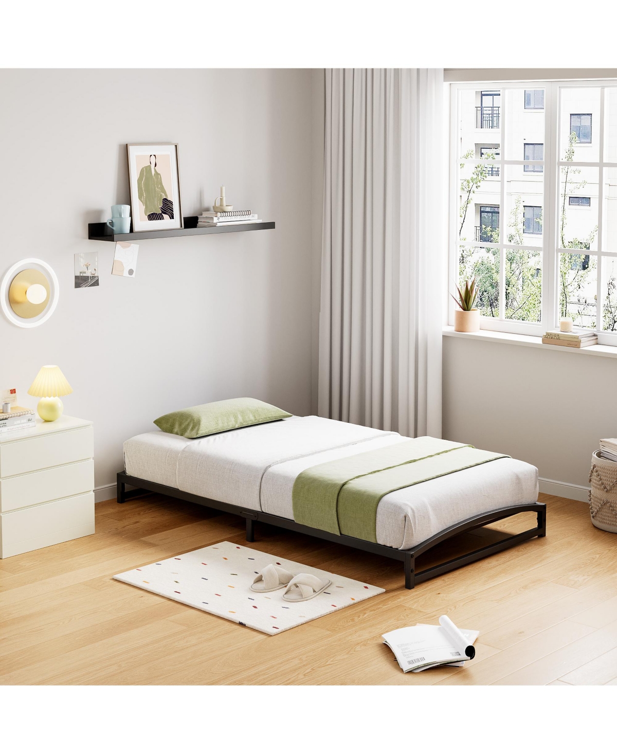 homfan Metal Platform Bed Frame with Arch Headboard and Footboard, Low Profile Steel Slat Support