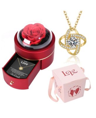 Preserved Rose Box Four Leaf Necklace Gift