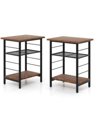 Modern 3-Tier End Table Set of 2 with Metal Frame and Open Storage Shelves