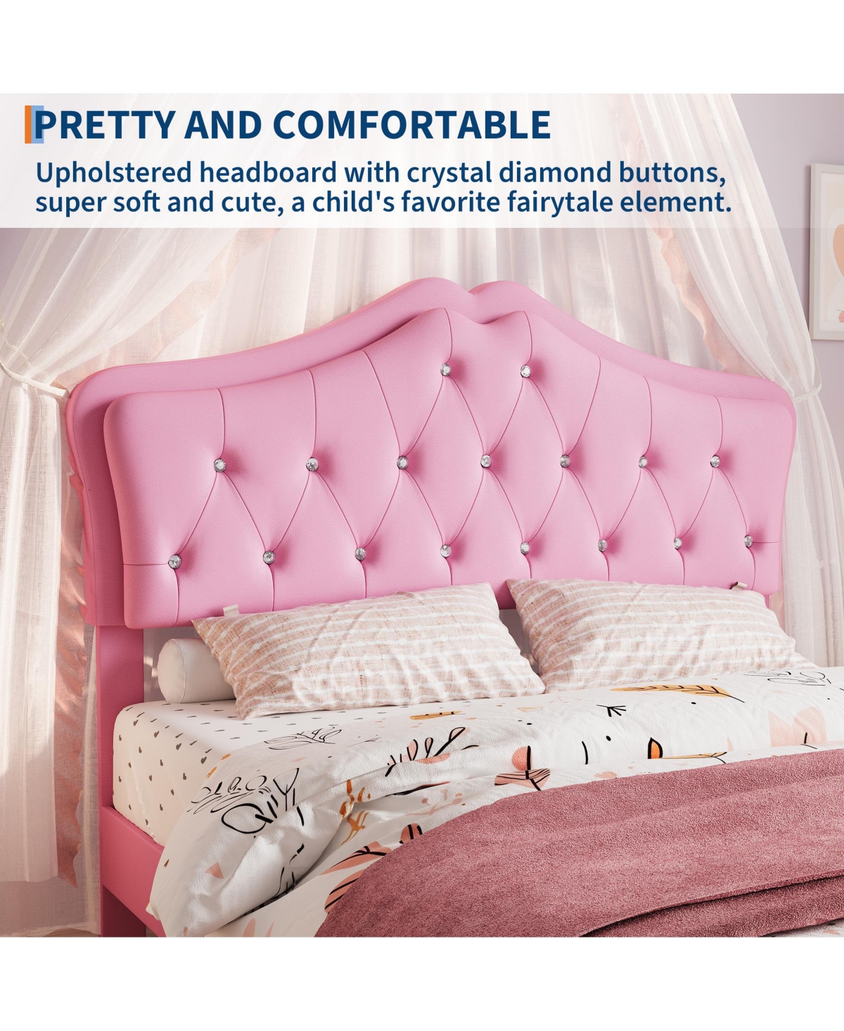 gaomon Upholstered Platform Bed Frame with Led Lights, Crystal Tufted Headboard, Storage Drawer, Noise-Free Slats