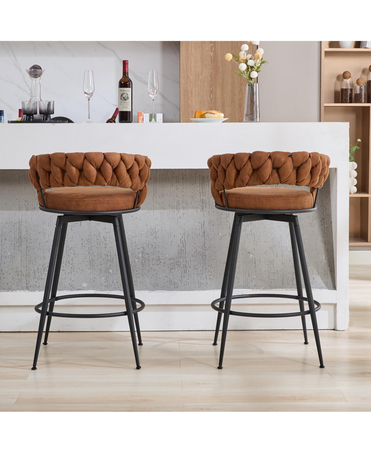 Dyhome 28 inch Bar Stools Set of 2, Modern Counter Height Stools, 360° Swivel Suede Fabric Stool Chairs with Woven Back and Footrest