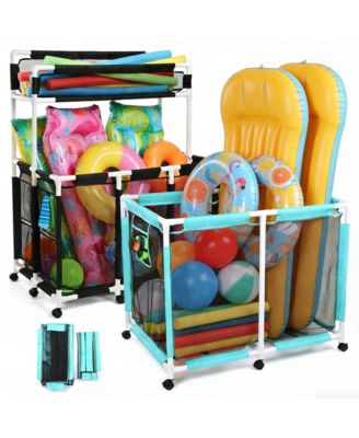Set of 2 Rolling Mesh Pool Storage Bins with Replacement Net for Pool Toys