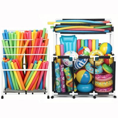 PVC Framec Pool Float Storage Bin 2 Tiers with Towel Rack Holder Set Rolling Noodles Raft Cart Outdoor