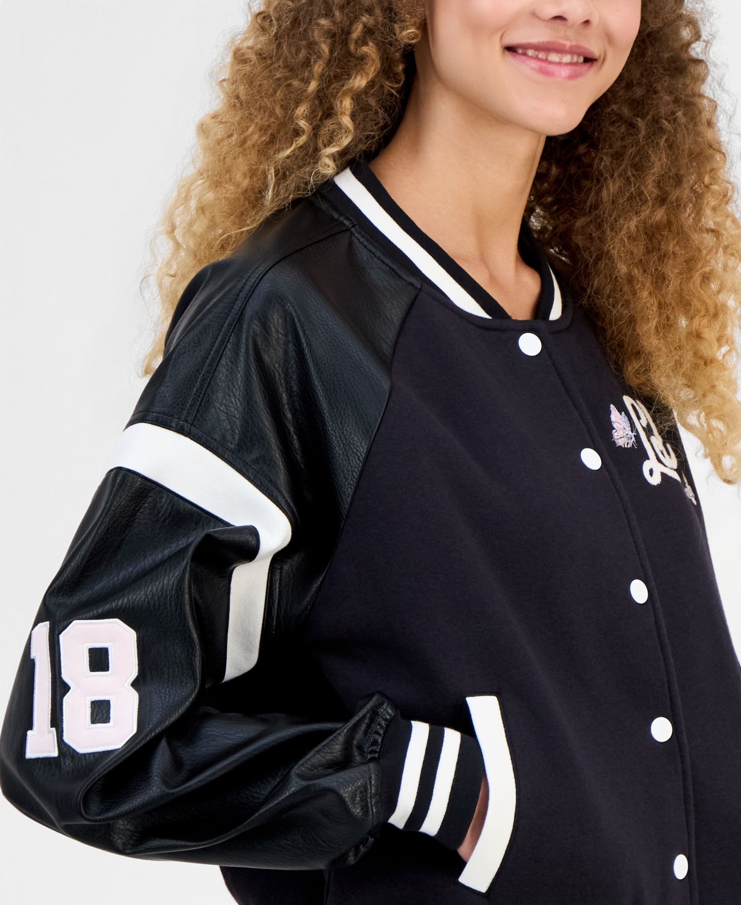 Женская куртка Madden Girl Juniors' Faux-Leather-Sleeve Bomber, цвет: Чёрный — фото 3