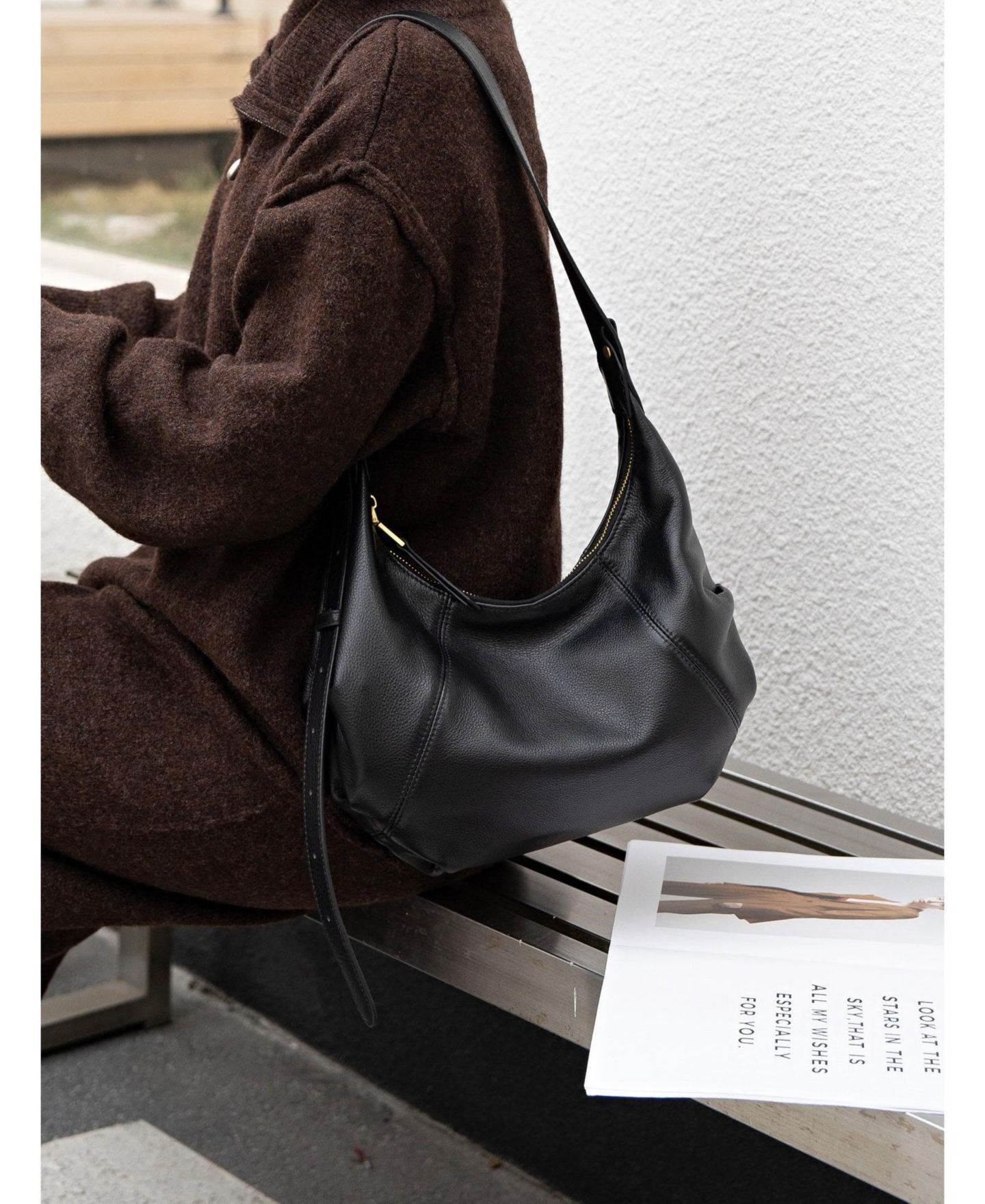 Женская сумка SUSU Nova Leather Crescent Hobo Medium Shoulder Bag Slouchy Half-Moon Dumpling, цвет: Чёрный — фото 4