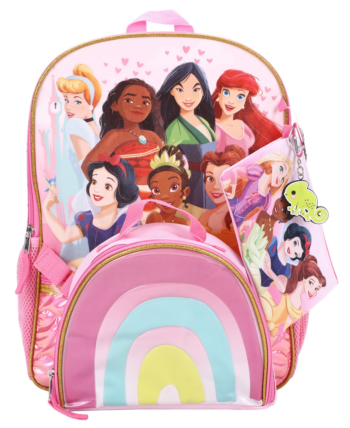 Детские Disney Princess Girls' Backpack, Lunch Bag, Pencil Case, Key Chain and Carabiner, 5-Piece Set — фото 4