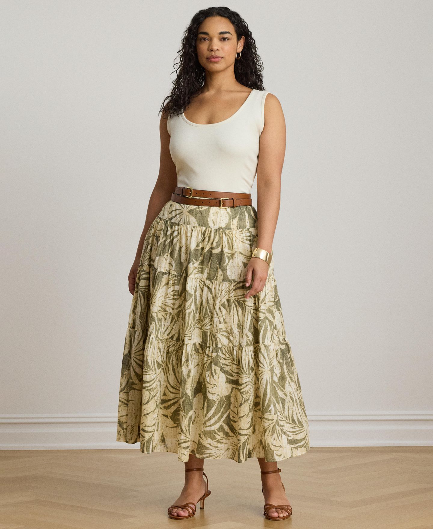 Женская юбка Lauren Ralph Lauren Elasticized Waist Tiered A-Line Midi, цвет: Оливковый разноцветный — фото 4
