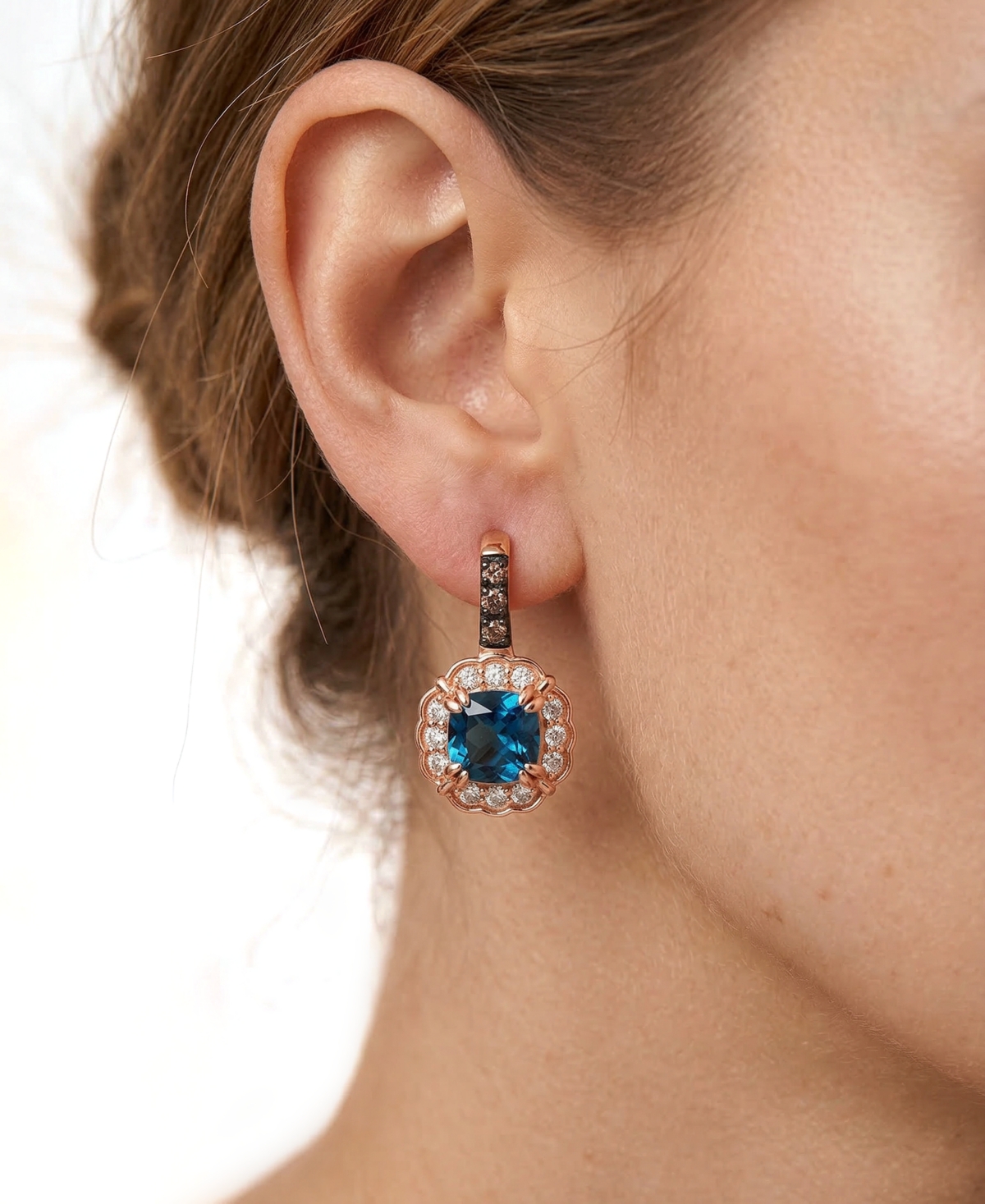 Le Vian Deep Sea Blue Topaz, Nude Diamond (1/4 ct. t.w.) & Chocolate Diamond (1/10 ct. t.w.) Drop Earrings in 14k Strawberry Gold