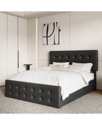 Upholstered Platform Bed Frame with 4 Storage Drawers, Button Tufted Headboard, Wooden Slats, No Box Spring