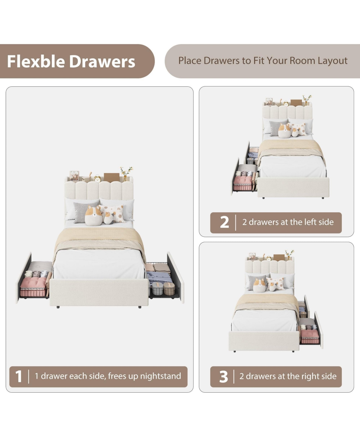 homfan Upholstered Platform Bed Frame with Led Storage Headboard and 2 Drawers