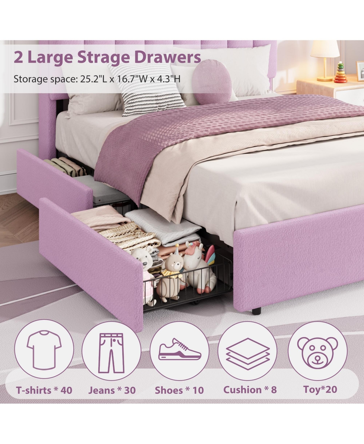 homfan Upholstered Platform Bed Frame with Led Storage Headboard and 2 Drawers