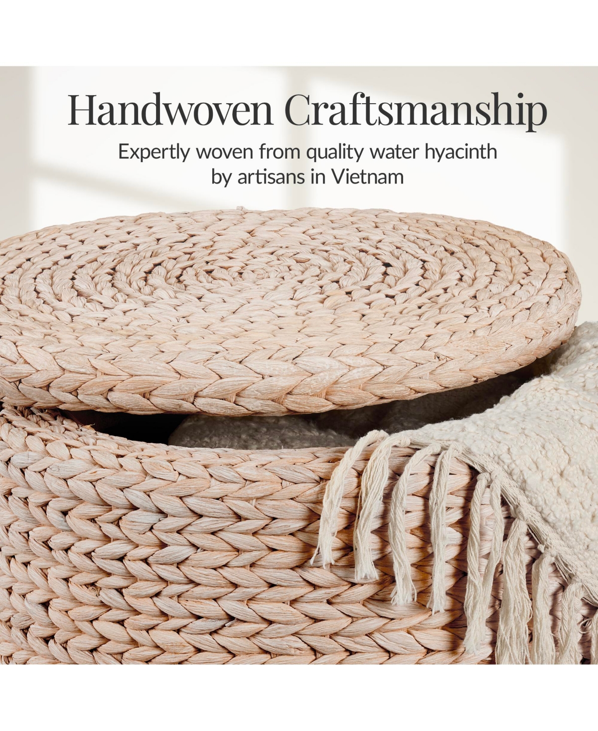 Best Choice Products 17" Round Storage Ottoman with Lid - Handwoven Water Hyacinth Modern Footstool