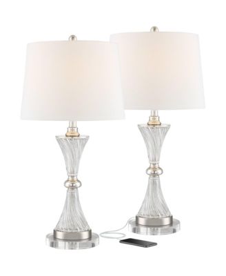 Luca Modern Table Lamps Set of 2 with Round Risers 26.5 Inches High Glass USB Charging Port Fabric Drum Shade for Living Room Desk Office