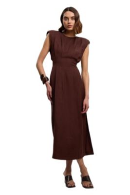 Women's Linen Blend Pintuck Midi Dress