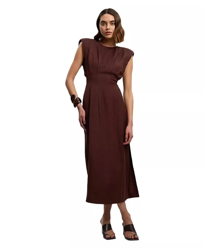 Women's Linen Blend Pintuck Midi Dress