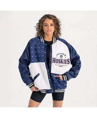 Women's Navy UConn Huskies Oversized Inner Drive Varsity Rhinestone Full-Snap Bomber Jacket