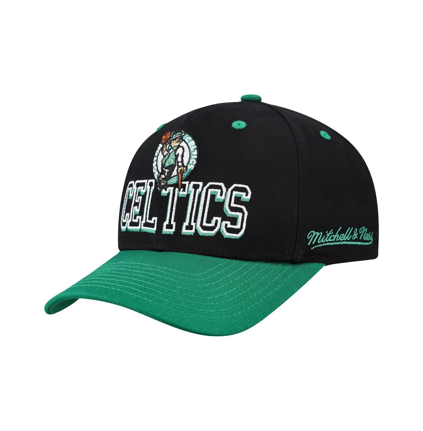 Мужская кепка Mitchell & Ness Black/Kelly Green Boston Celtics Backside Script 2-Tone Pro Crown Adjustable Hat — фото 1