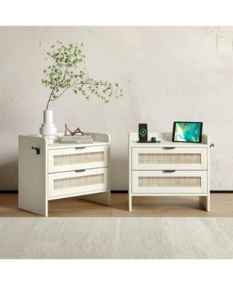Set of 2 Modern Rattan-Style Bedside Tables with Type-C Charging Station, 2 Drawers for Bedroom, Living Room and Office
