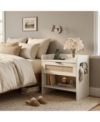 Modern Rattan-Style Bedside Table with Type-C and USB Charging Station, 2 Drawers, Ample Storage, Wooden Nightstand for Bedroom and Office