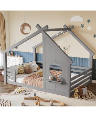 Wood House Floor Bed w/Window and Shelf