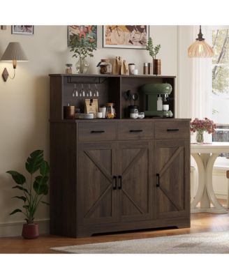 Farmhouse Sideboard Buffet Cabinet with Microwave Stand, Barn Doors Buffet Storage Cabinet with Drawers and Shelves