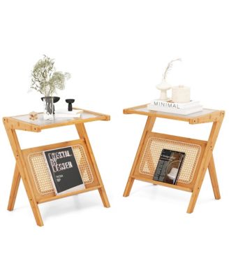 2 Pieces Boho End Table with Magazine Rack Versatile Bamboo Bedside Table with Rattan Shelf