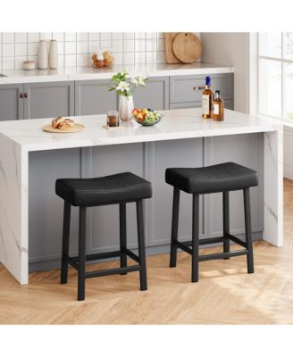 Set of 2 24 Inch Counter Height Bar Stools, Bonded Leather Saddle Seat Kitchen Stools with 2.4" Thick Cushion for Kitchen Island Dining Room