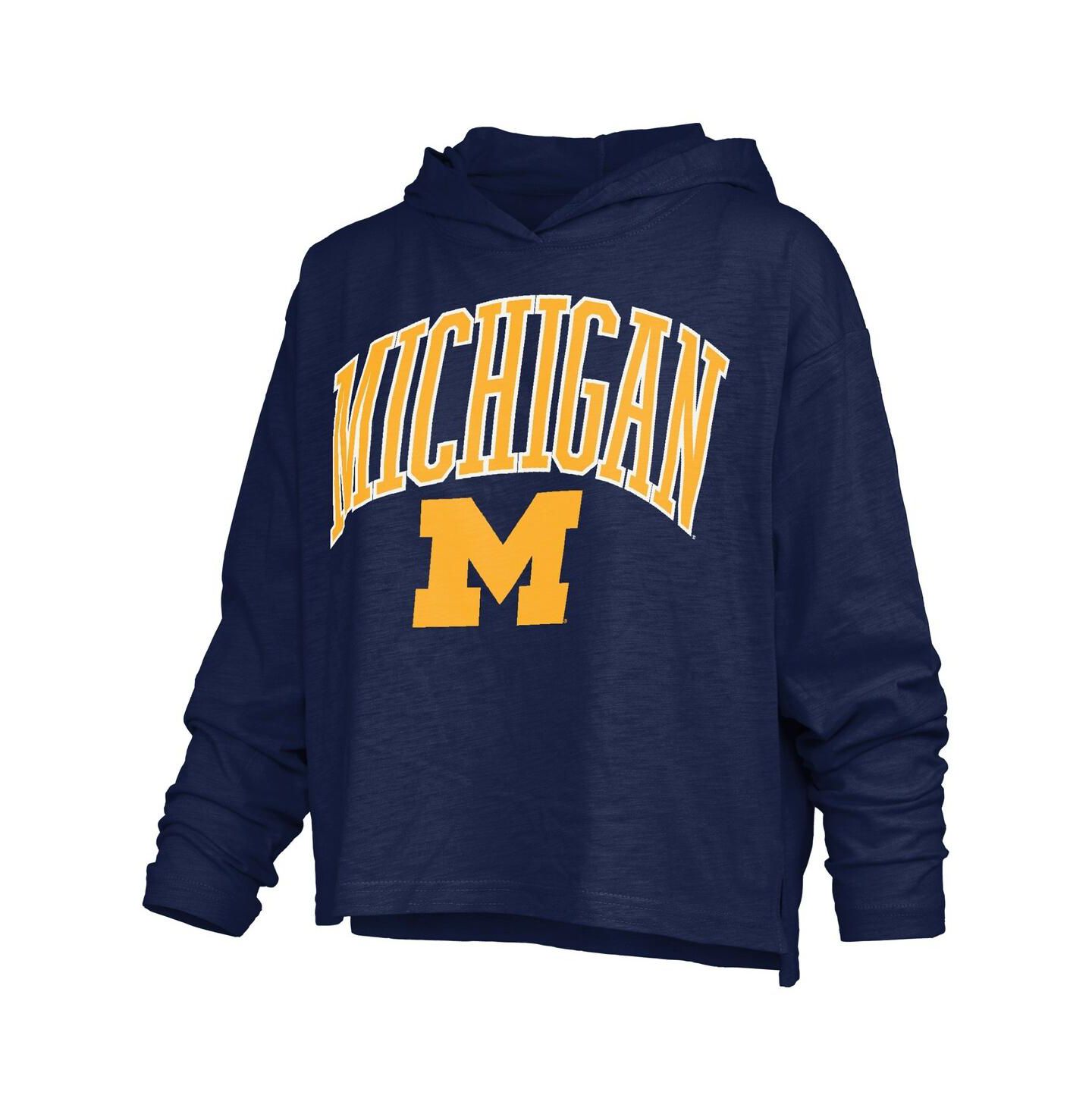 Женская футболка Pressbox Navy Michigan Wolverines Nelson Arch Over Logo Long Sleeve Hooded Slub — фото 2