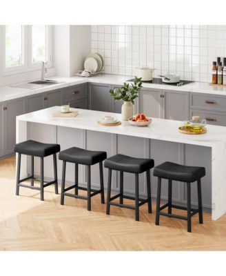 Counter Height Bar Stools Set of 4, 24 Inch Saddle Barstool with Curved Surface, Leather Kitchen Island Chair for Dining Room Home Bar
