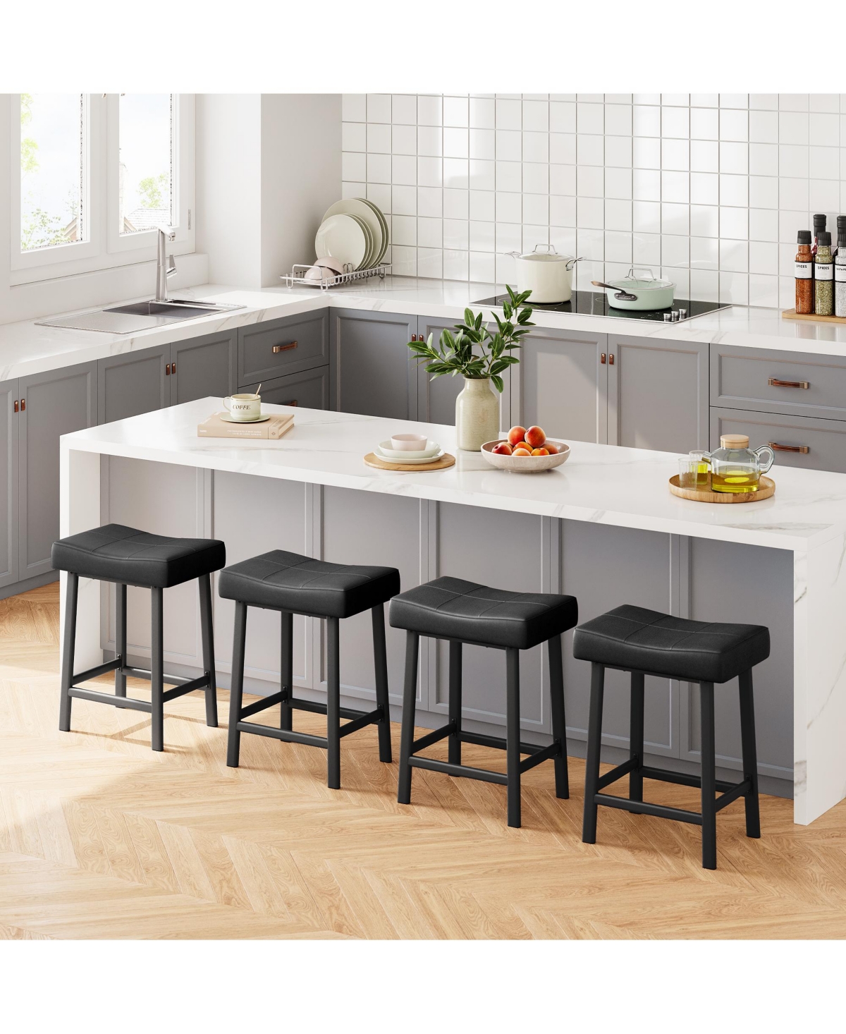 homfan Counter Height Bar Stools Set of 4, 24 Inch Saddle Barstool with Curved Surface, Leather Kitchen Island Chair for Dining Room Home Bar