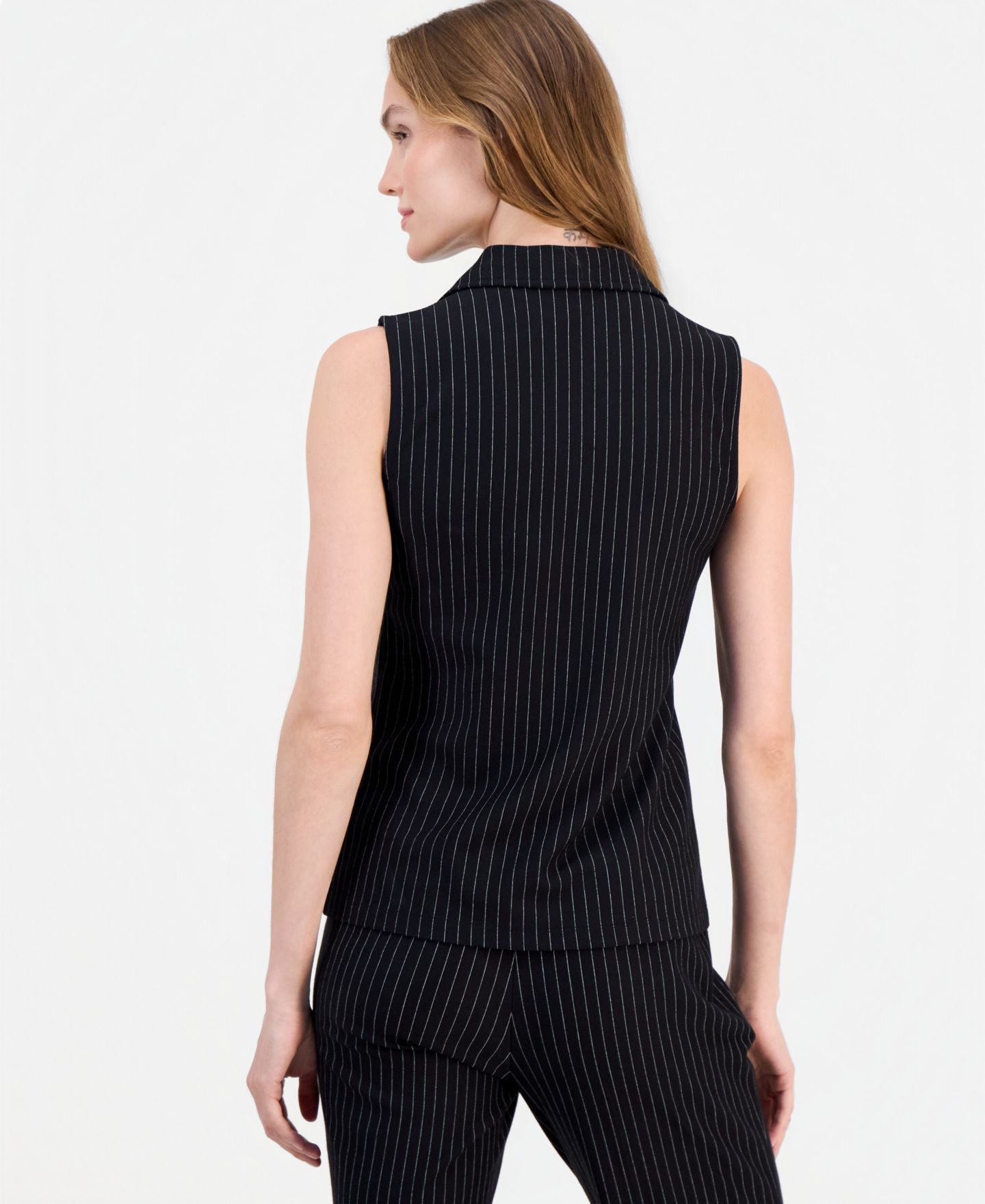 Женский топ Anne Klein в тонкую полоску без рукавов на молнии спереди, цвет: Чёрный — фото 2