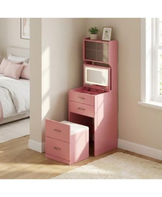 3-in-1 Vanity Desk with 3-Color LED Mirror and Hidden Chair - Small Makeup Table with 2 AC Outlets, Acrylic Doors and Jewelry Box