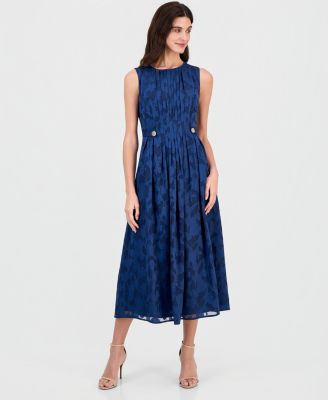 Women's Pleated-Front Button-Tab A-Line Dress